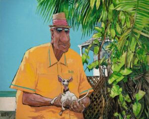 An old man holds a tiny chihuahua on a Key West beach. Establishes the tropical setting.