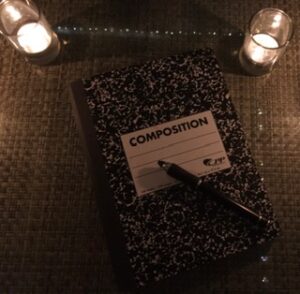 An old-fashioned composition book lit by candlelight to convey the idea of a writer searching to begin a book